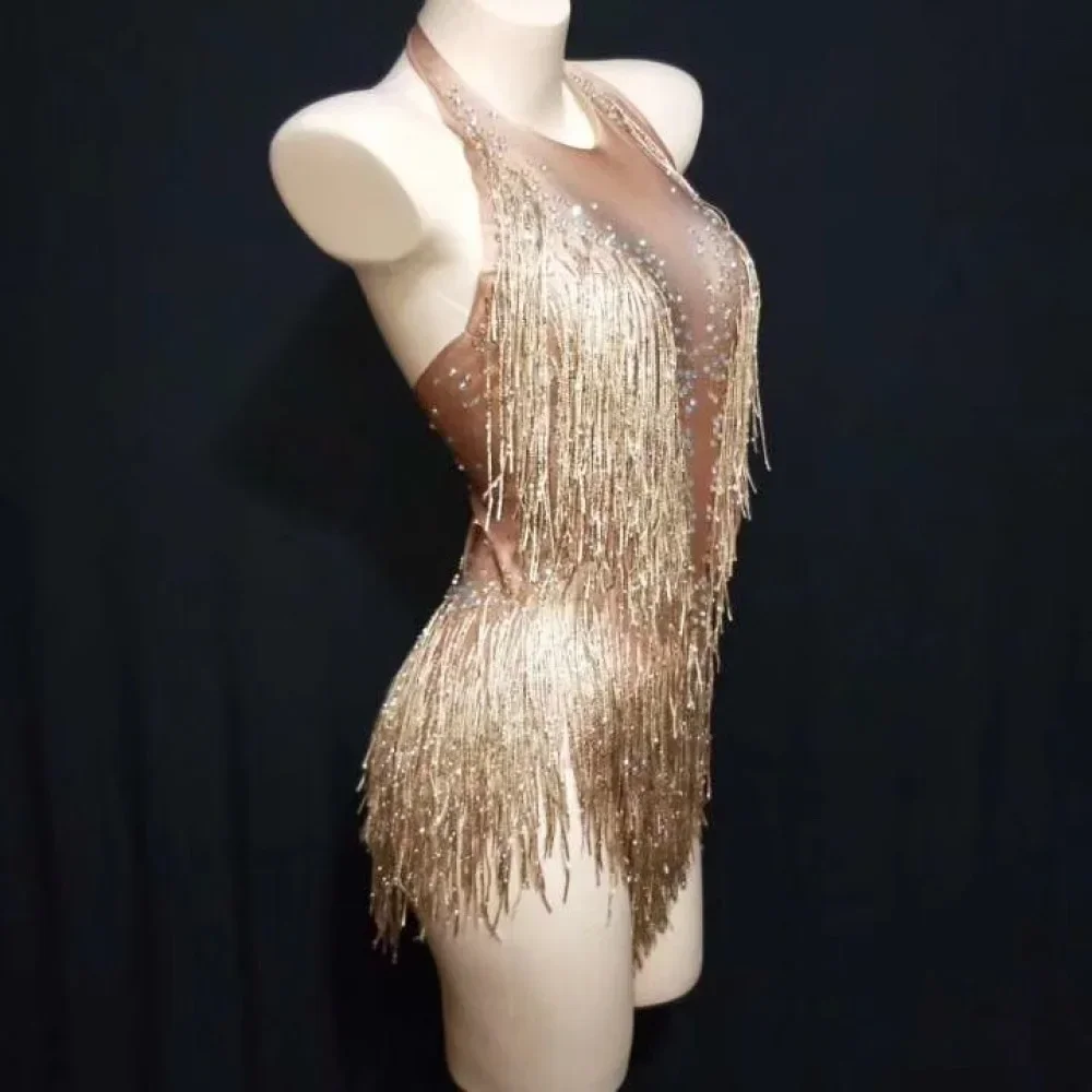 Body con borlas doradas brillantes para mujer, traje con cuentas de alta elasticidad, traje ajustado para fiesta de DJ, Ropa de baile de una pieza