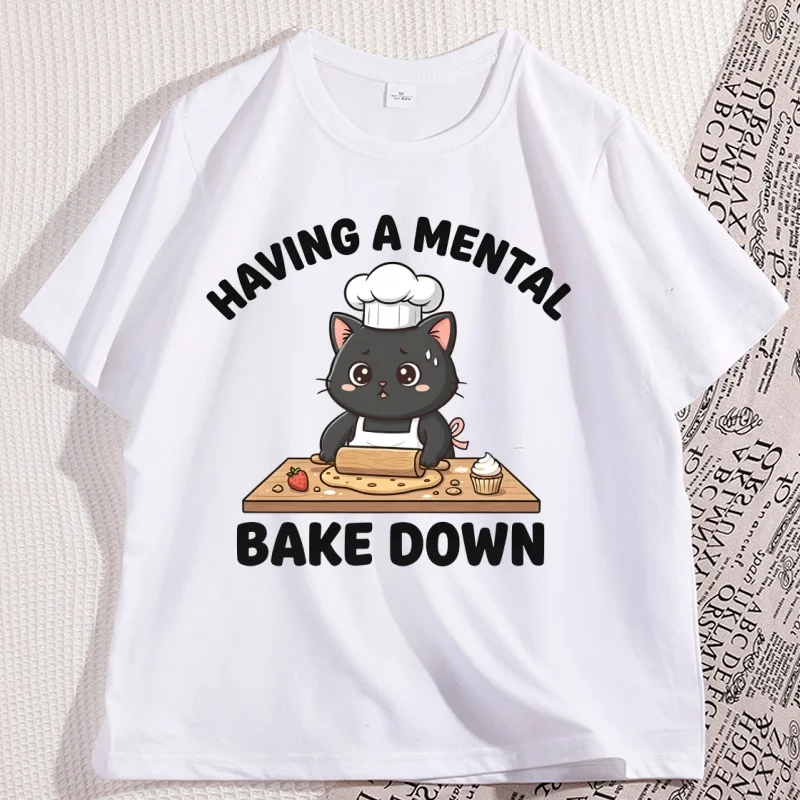 

Funny Baking and Cat Lover T-Shirt Cool Baker Kitten Tshirt Causal Cotton Short Sleeve Round Neck Tee Shirt