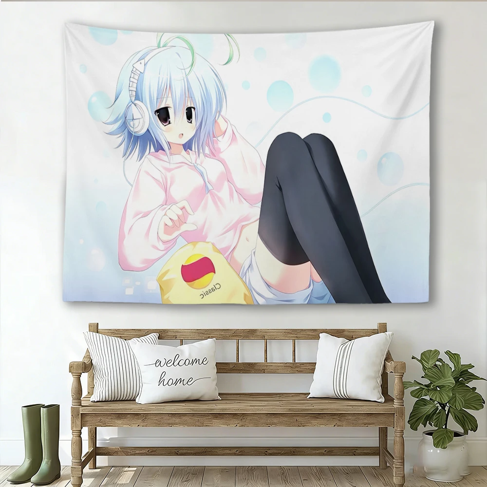 Kawaii Light Blue Hair Anime Girl Tapestry, Headphone Casual Style Wall Hanging for Girly Bedroom Otaku Dorm Decor