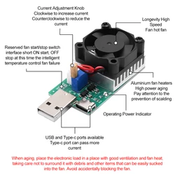 18W 22.5W 3A Tester obciążenia Elektroniczny moduł rezystorowy obciążenia Interfejs USB&Type C Regulowany prąd stały z wentylatorem chłodzącym