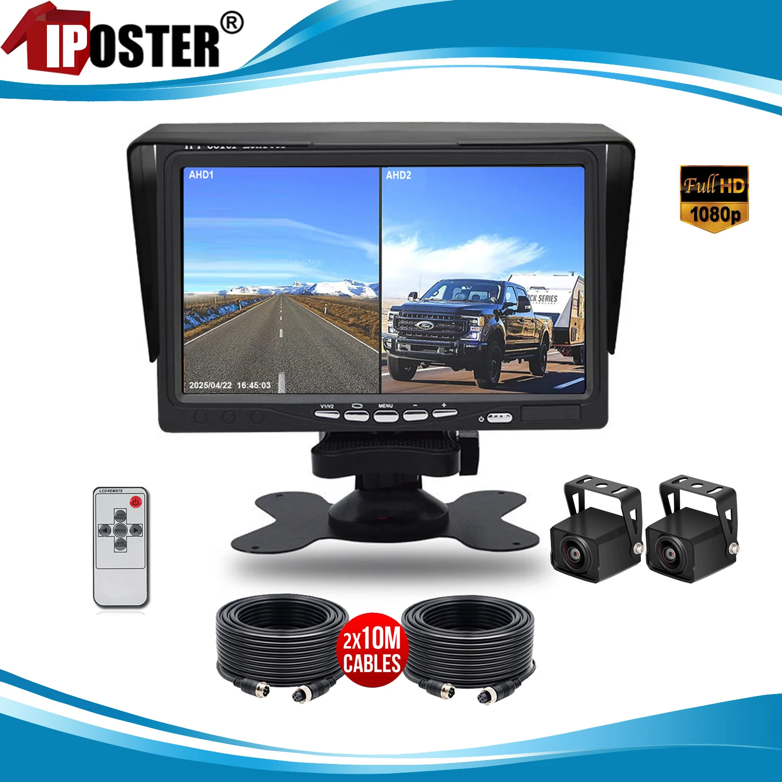 

iPoster 12-24v For Camper Trailer Caravan Rv 7" DVR Monitor Loop Recording 2x AHD 1080P 4PIN Rear View Reversing Backup Cameras