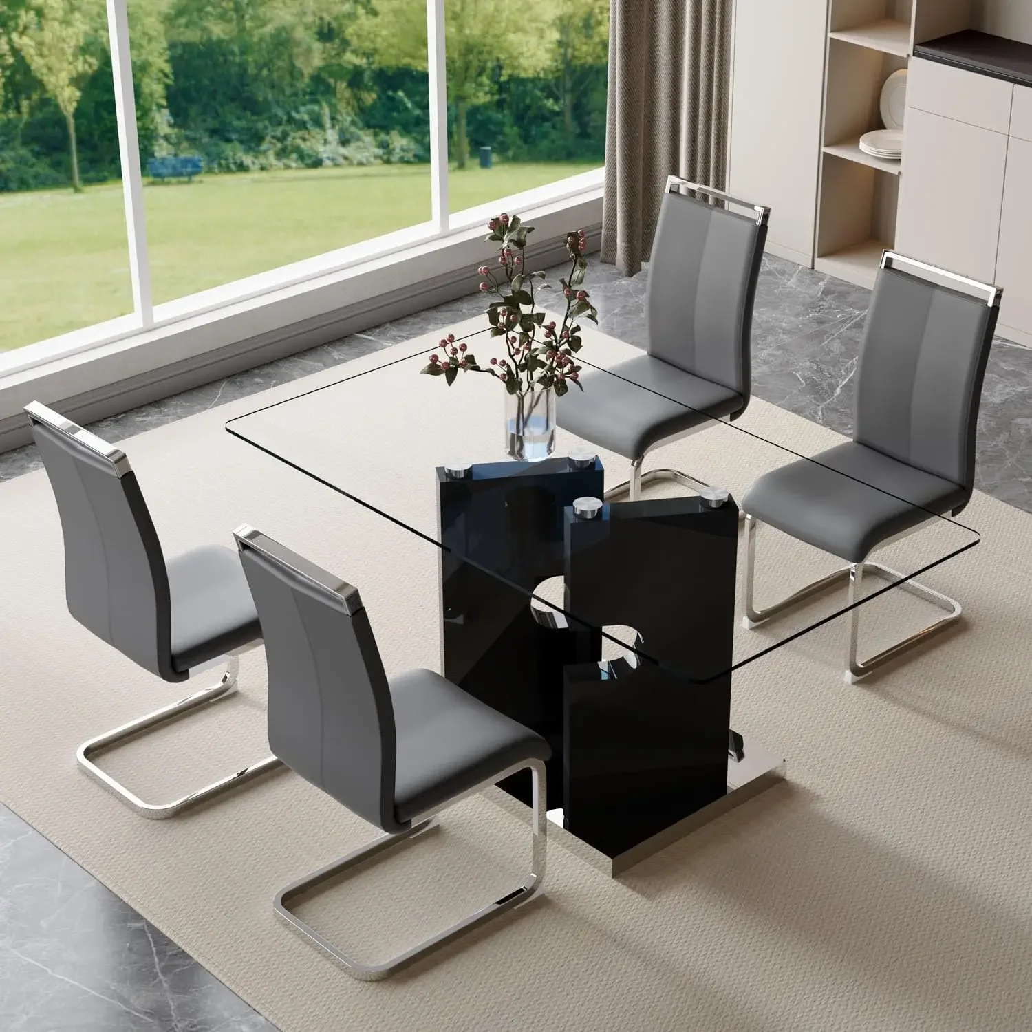 Table Set for 4,5 Piece Dining Table Set, Tempered Glass Table Top and Modern Design MDF Base with 4 PU Leather Ergonomic