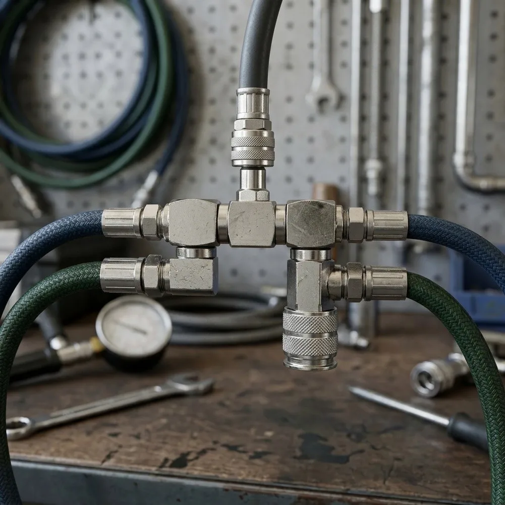 2 Way 1/4in NPT Air Splitter with Rotating Swivel Connector and Nickel Plated Finish for Long Life in Harsh Conditions
