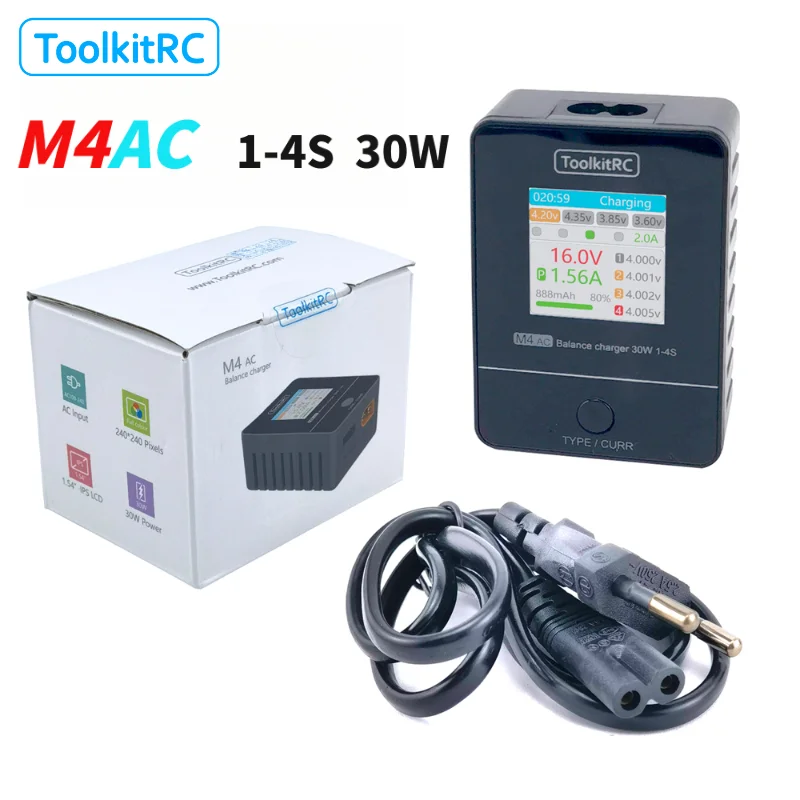 

ToolkitRC M4AC 1-4S Lipo LiHV Battery Charger 30W with IPS Display XT30/ XT60 Interface for Lipo RC Racing FPV Drone Battery