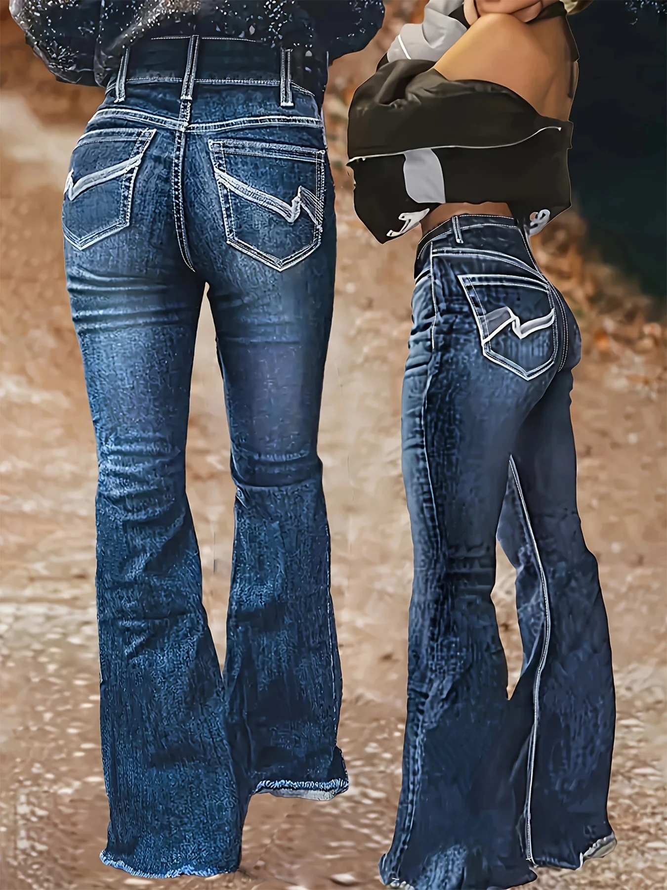 جينز نسائي واسع الخصر عالي الخصر ومطرز باللون الأزرق الداكن، سروال Y2K غير رسمي بتصميم مطرز على شكل حرف V