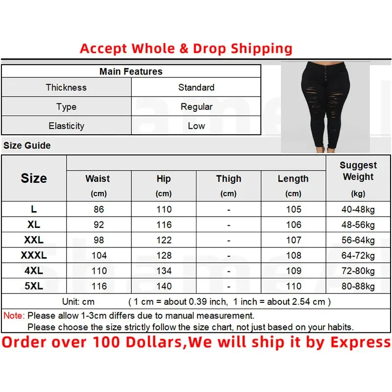 Plus Size Button Up Ripped Skinny Stretchy Black Jeans 4XL Street Large Size Casual Long Denim Pencil Pant Push Up Slim Trousers