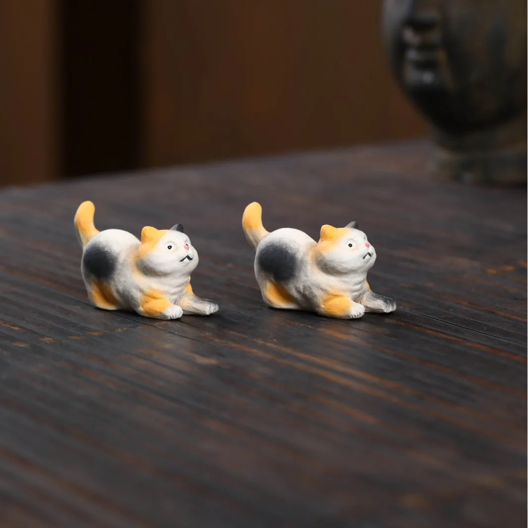 Yixing Purple Clay Fortune Cat, Three-Spotted Cat Pet Ornament, Cute Healing, Creative Accessory For Trays And Tea Tables