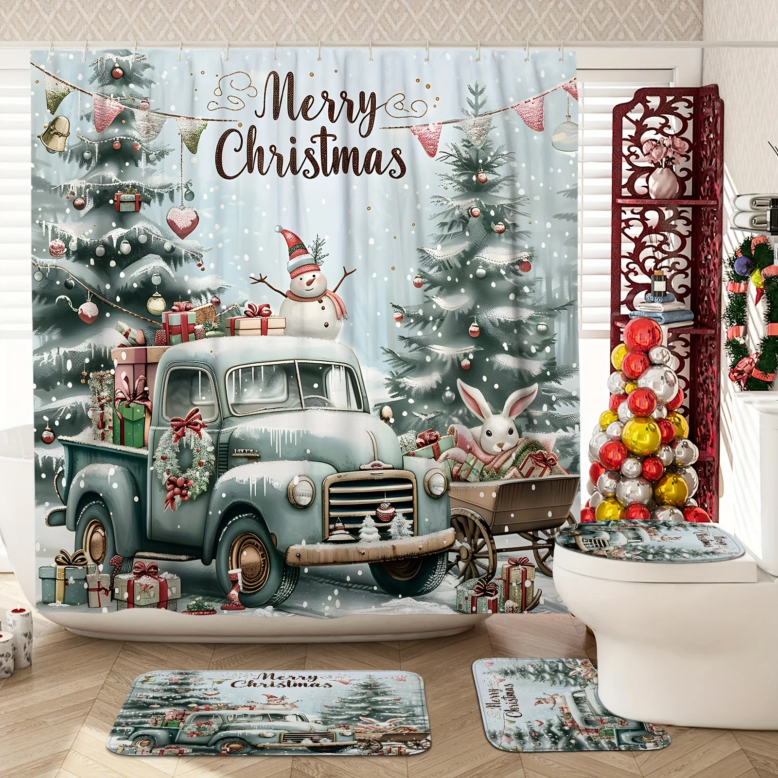 4Pcs Xmas Shower Set – Snowman Truck Rabbit, 12 Hooks, Non-Slip Mat, U-Cover, Christmas & Winter Bathroom Decor