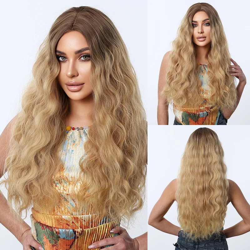 Gradient golden wool curly , fashionable middle-parted , full-head hairstyle, everyday synthetic fiber wig