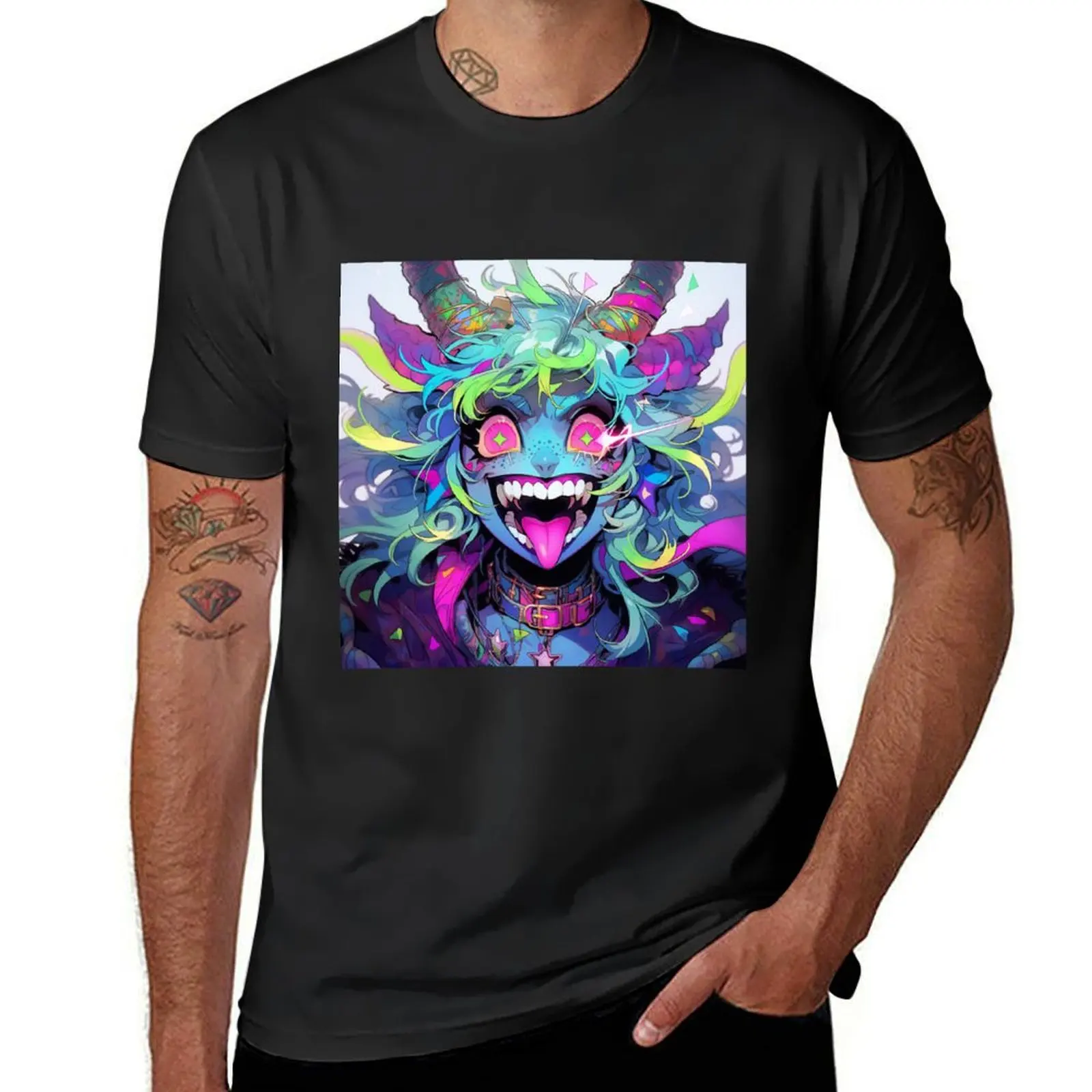 Wacky Bright Colorful Excited Demon Anime Girl T-Shirt oversizeds cute tops Men's clothing