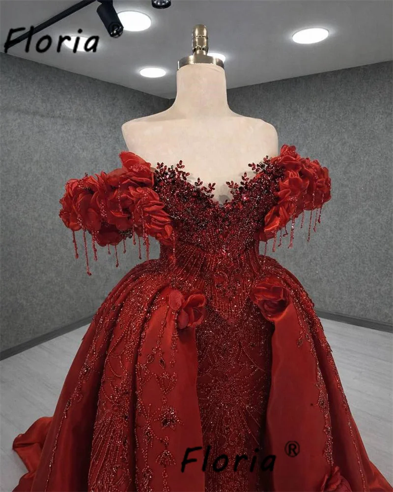 Luxury Red Dubai Women Celebrity Party Dress Crystal Stones 3D Flowers Mermaid Wedding Event Gown Guest Beads Vestidos de gala