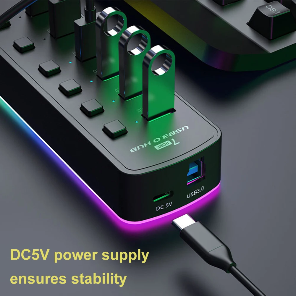 USB 3.0 Power Adapter 7 Ports Multi USB Splitter Hub USB Hub 2.0 USB Multiple Expander With Backlit 5Gbps Docking Station