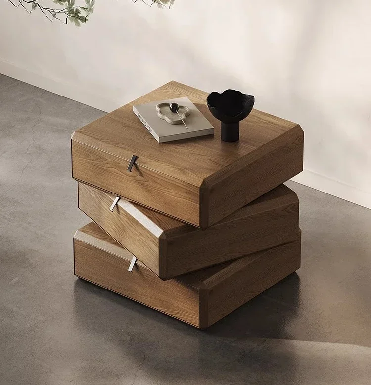 

Medieval style bedside locker, wabi sandy wind walnut multi-function rotating bedside cabinetlx