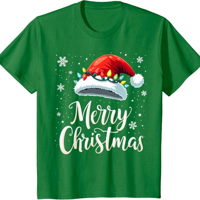 Red Santa Hat Christmas T-shirt with Christmas Lights,Men and Women Crew Neck Short Sleeve Cotton Top Casual Fashion Comfortable