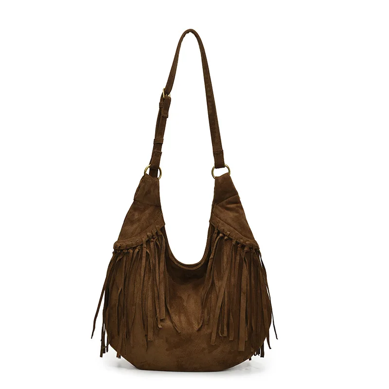 

Women Large Capacity Frosted Tassel Shoulder Bag Faux Suede Fringe Underarm Bag Travel Tote Handbag Female Shopping Bag