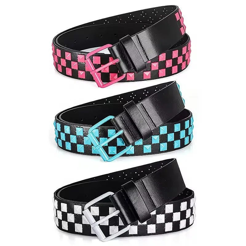Colored Square Beads Belt Women Fashion Pin Buckle Decor Spray Paint Pyramid Inlaid Wide Leather Belt Belts for Women