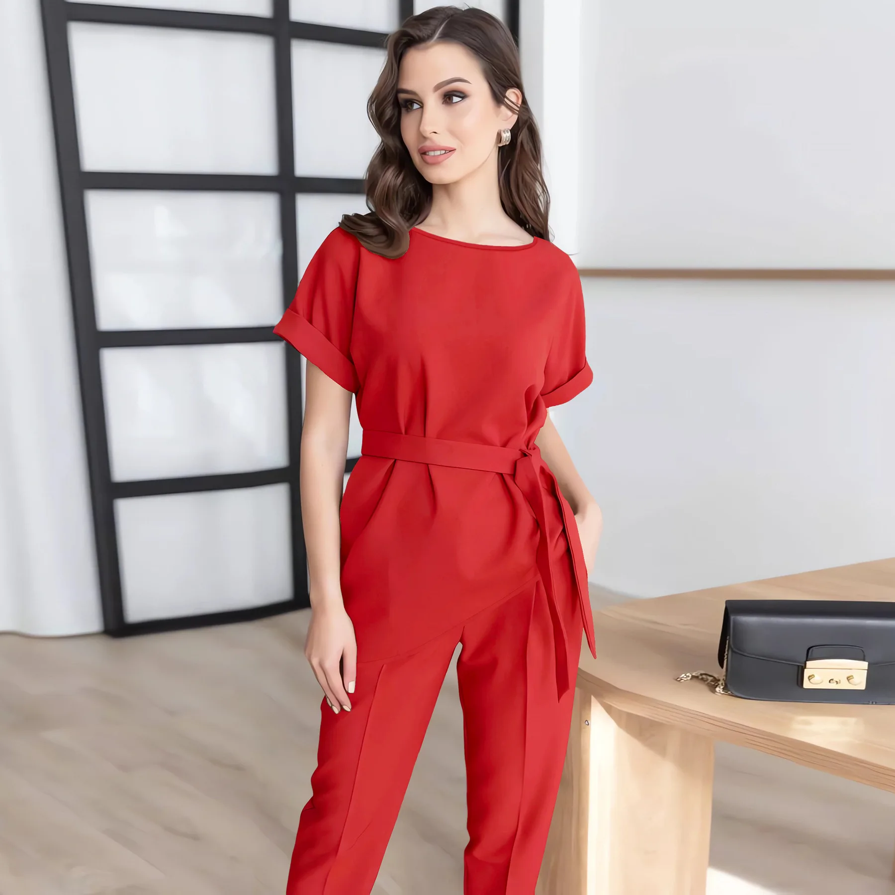 European and American Women's Round Neck Sloping Suit Waist Belt Top Set Small Leg Pants Casual Long Pants Set