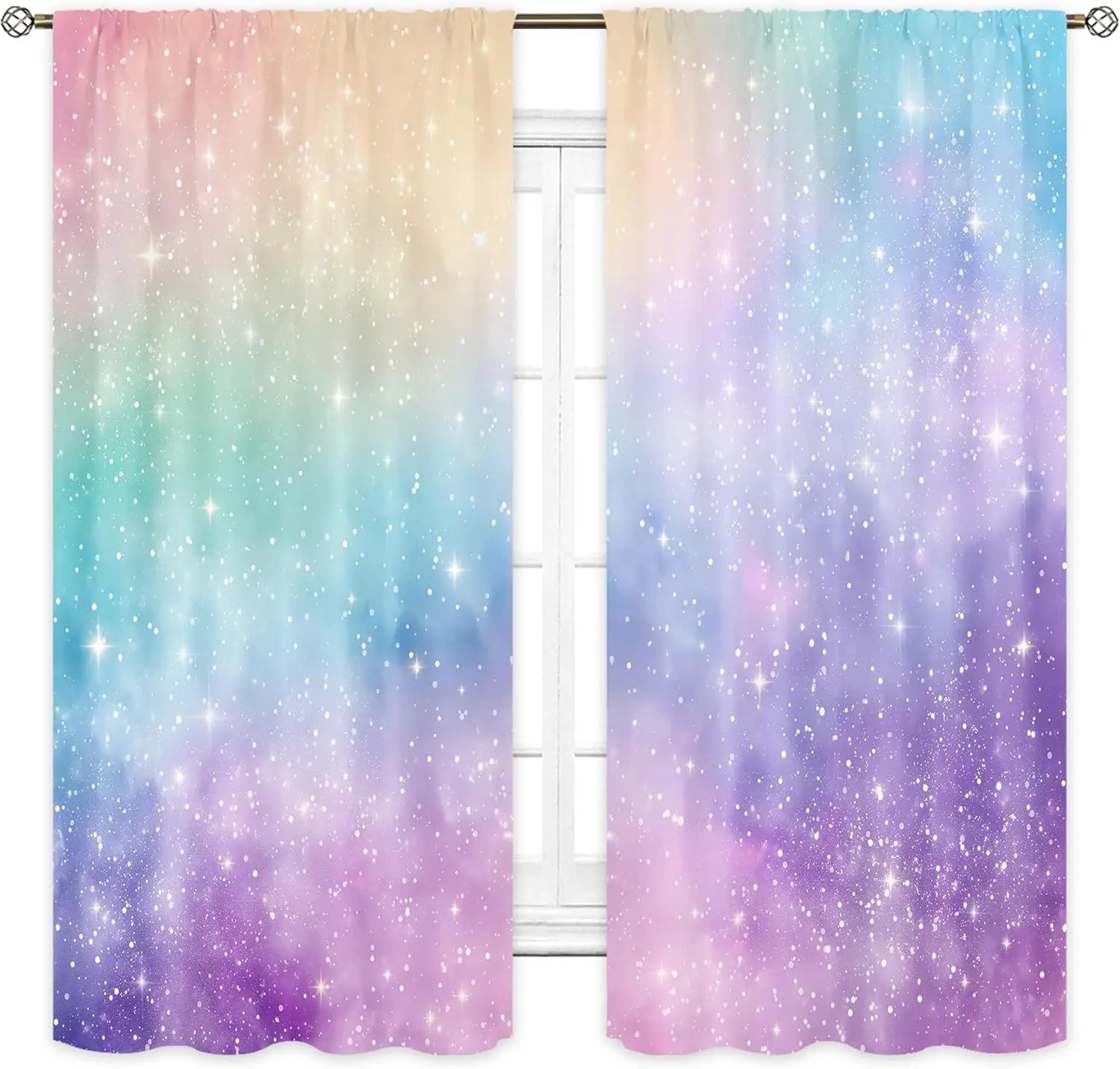 Cortinas de arcoíris galaxia para habitación de niñas, cortinas de estrellas de nube de cielo Pastel con bolsillo para barra, bonitos paneles de ventana de princesa de dibujos animados