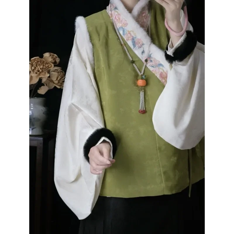 6 Color Original Chinese Cross Collar Thickened Velvet Tang Suit Hanfu Vest for Women High Quality Jacquard Embroidered Vest