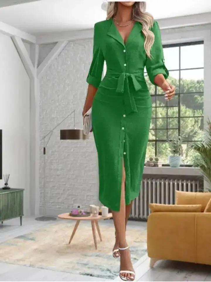 오피스 레이디 브이넥 솔리드 컬러 셔츠 스타일 드레스 여성용 긴 소매 버튼 레이스 업 드레스 우아한 가을 봄 드레스 KWX8