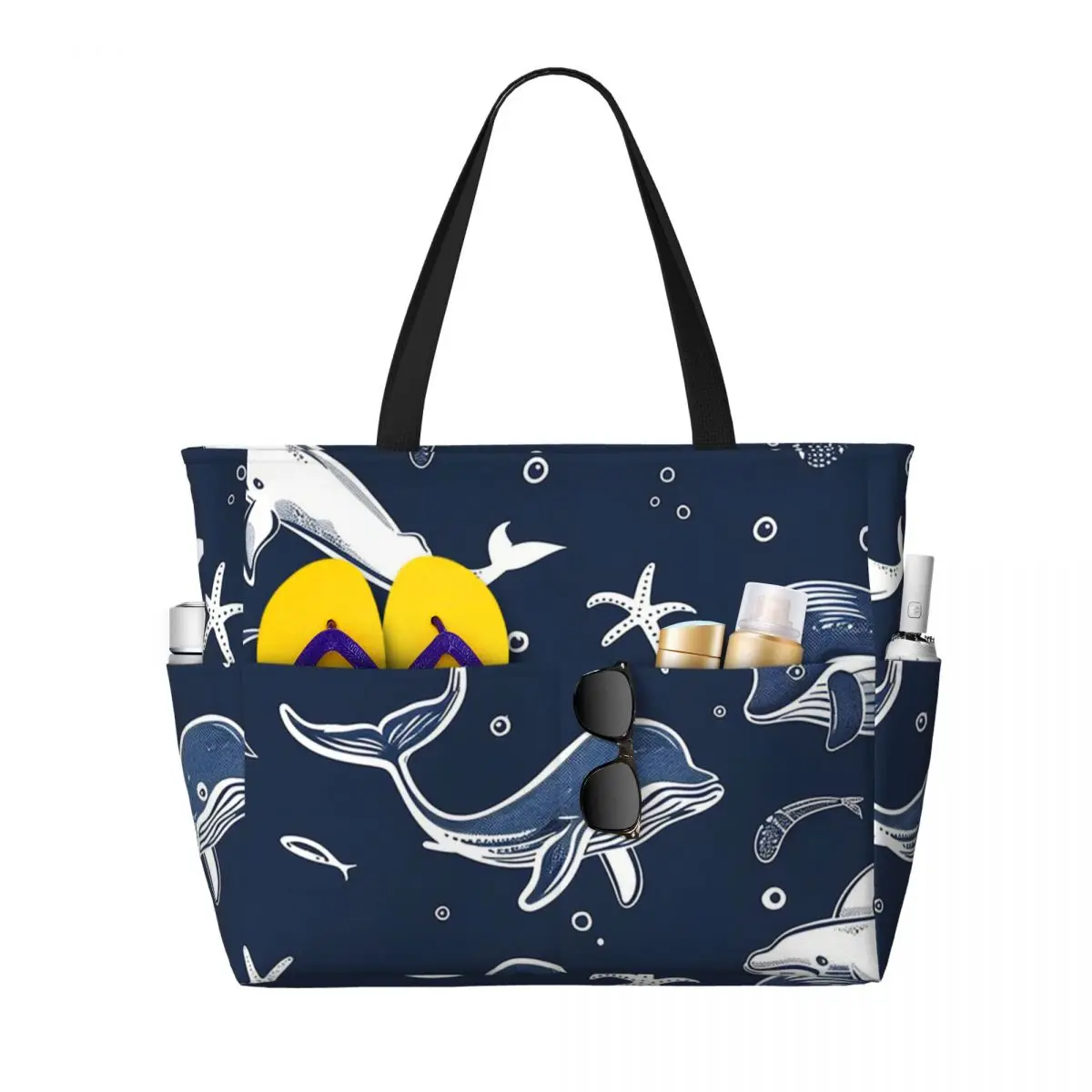 Sea Animals White Lines Dark Blue Background Beach Tote Bag Sport Gym Yoga Duffle Large Tote Bag Women Travel Bag Fitness bag