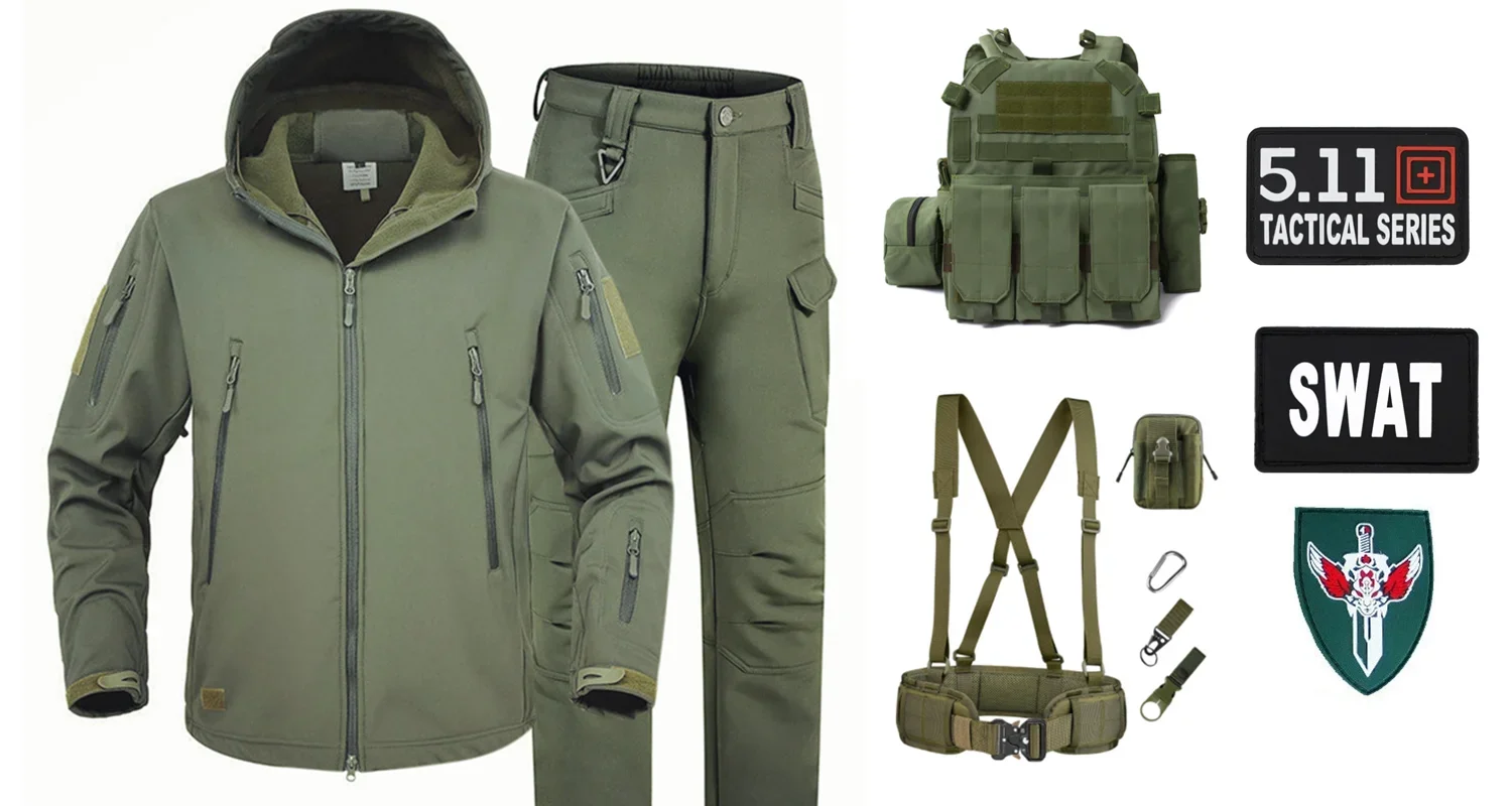 Conjunto con capucha de felpa cálida para hombre, impermeable, a prueba de viento, para montañismo, caza, pesca, senderismo, táctico del ejército