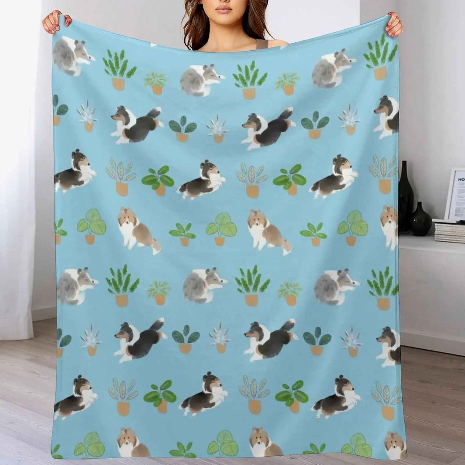 Shelties & Calathea on Blue Throw Blanket Manta ligera y acogedora para sofá cama