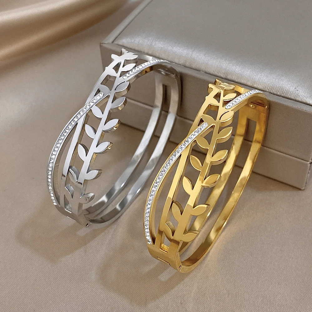 

Freetry Exquisite Leaf Rhinestone Stainless Steel Bangle for Women Glossy Waterproof Spring Cuff Bracelet Holiday Jewelry Gift