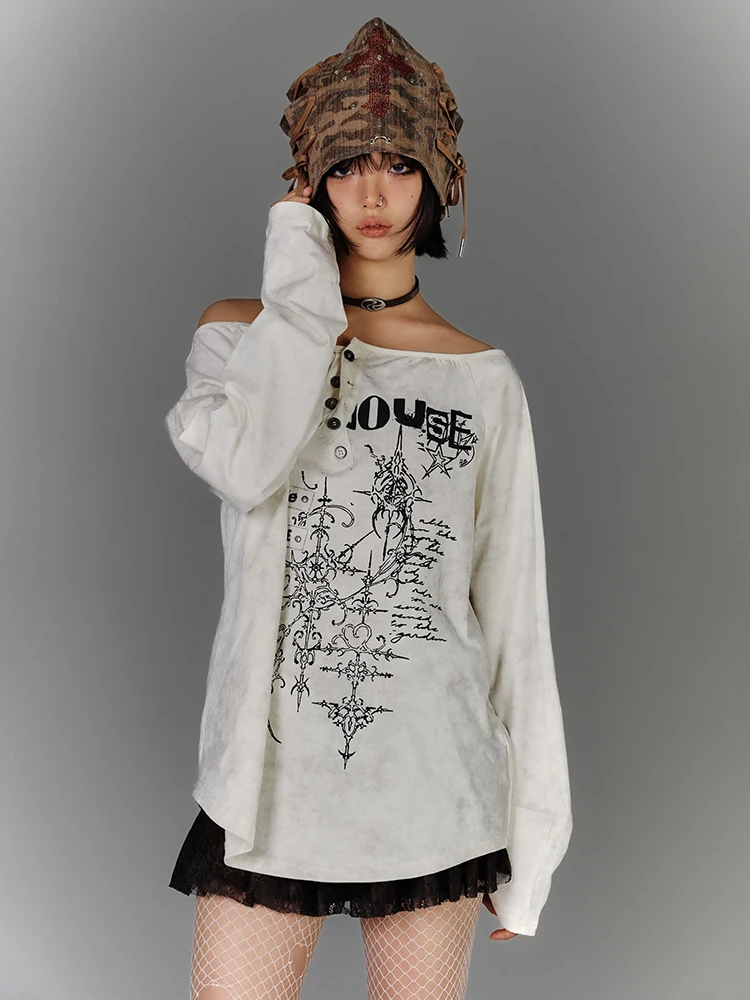 YUKAHOUSE American Punk Style Dirty Washed Patchwork Print Long Sleeve T-Shirt Loose Fit Women's Streetwear Autumn Cotton Top