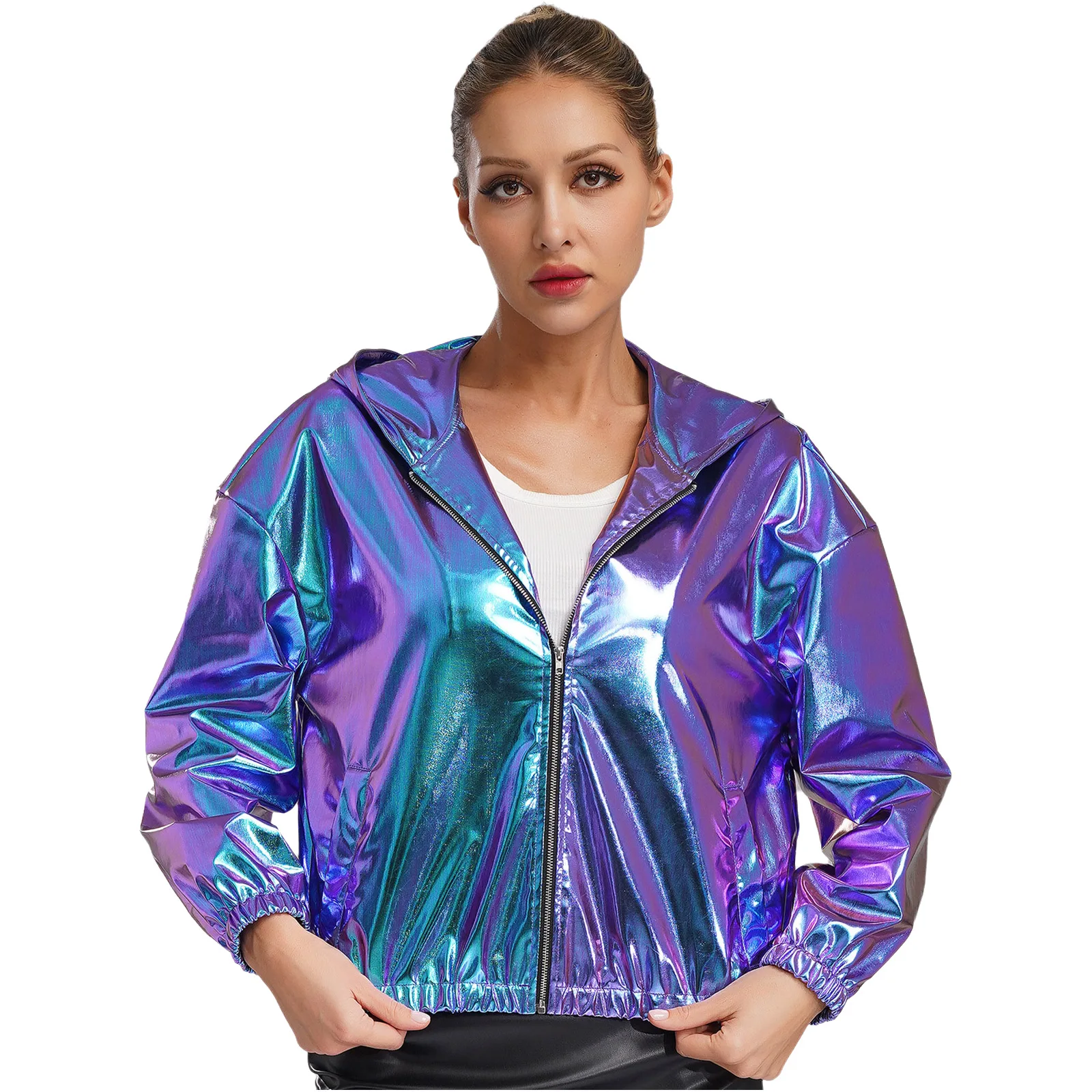 Women Holographic Jacket Coat Long Sleeve Hooded Zipper Bomber Jacket Sparkly Metallic Short Outwear Jazz Dancing Club Wear