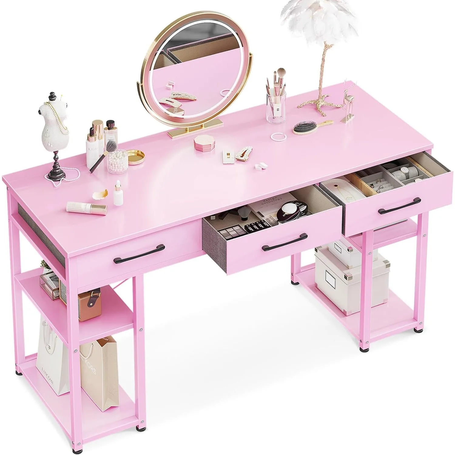 

Vanity Desk w/ Fabric Drawers & Storage Shelves, Makeup Dressing Table, Home Office Desks for Bedroom,Pink, 48"x16" (No Mirror）