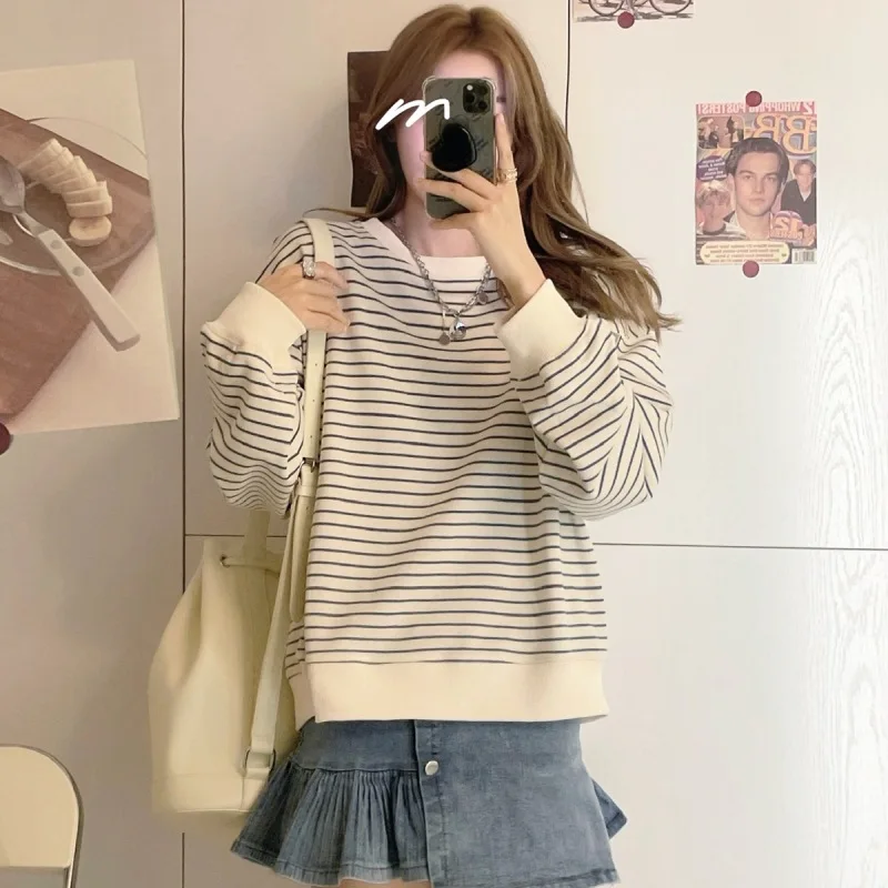 Damen Herbst Aprikosenfarben Gestreiftes Neues T-Shirt Mädchen Studenten Koreanischer Stil Locker Sitzendes Oberteil Sweatshirt Rundhals Pullover Langarm T-Shirt – Detail 6