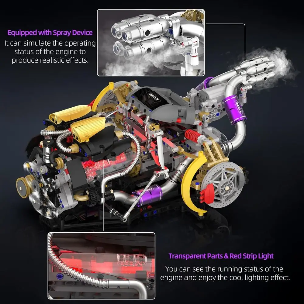 DIY V8 Engine Model Kit with 1394 Pieces, Functional & Illuminated, STEM Toy for Ages 8-14
