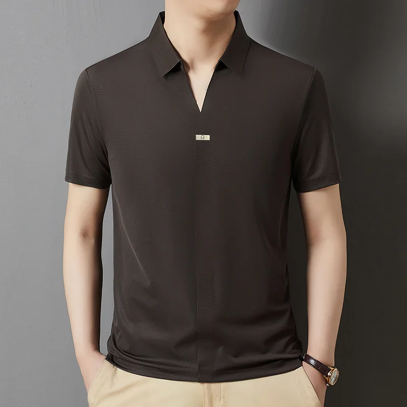 Summer New Scissor Neck Short Sleeve Polo Shirt Men's Solid Color Breathable Ice Silk Half Sleeve