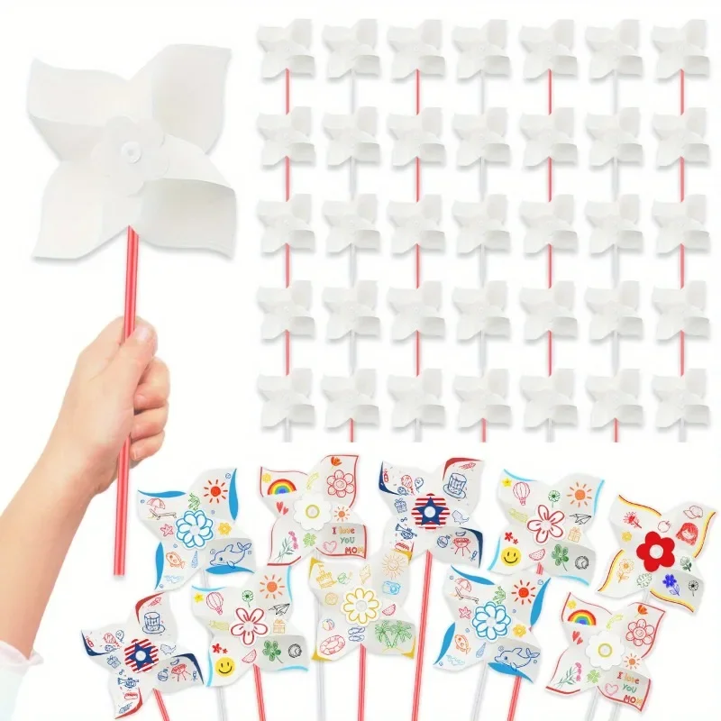 100pc Summer Event DIY Paper Pinwheels Crafts Set Blanks White Small Windmills Kits Bulk Drawing Party Kid Toy Assembly Handheld