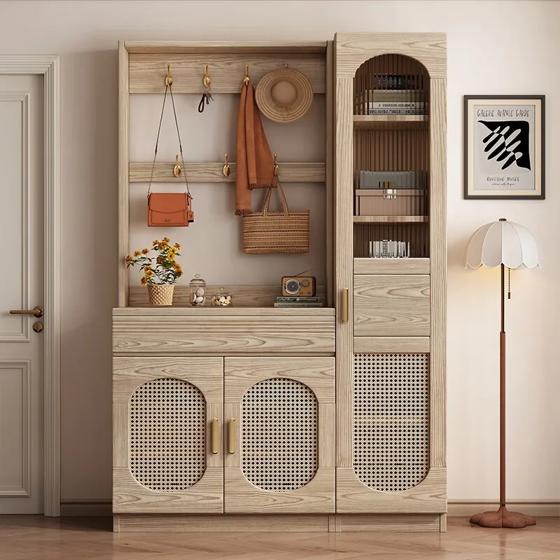 

Customizable ash wood shoe cabinet, living room porch cabinet, integrated wall entry, household rattan modern partition cabinet