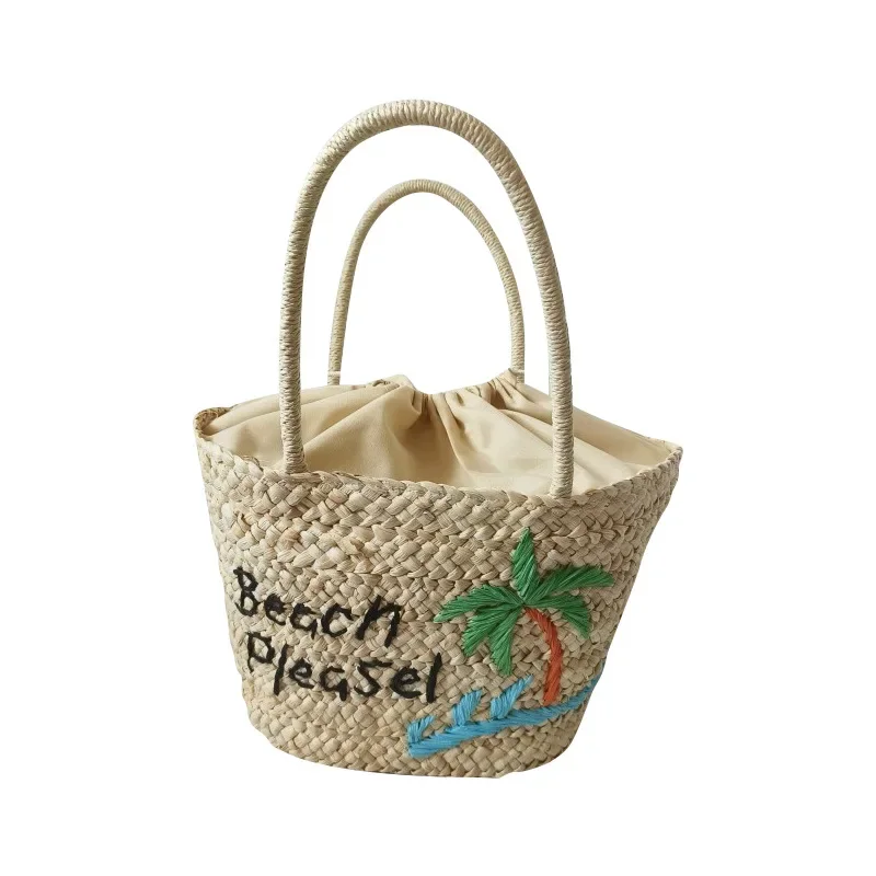 Coconut Tree and Bird Embroidery Bag, Handwoven Tote Bag, Holiday Beach Bag Hand Bags for Women