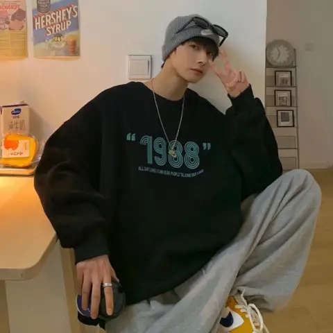 【M-8XL】한국 인 심플 디지털 프린트 남성용 라운드 넥 긴팔 스웨트셔츠 남성용 세련된 루즈 오버사이즈 스웨트셔츠