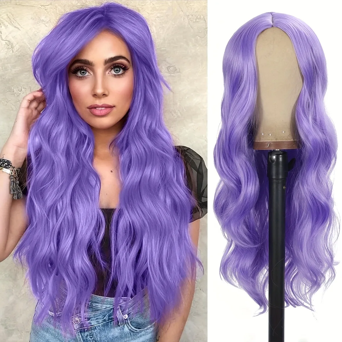 Long Purple Wavy Wigs for Women 26 Inch Natural Curly Synthetic Wig Heat Resistant Fiber Wigs for Daily Party Cosplay Use