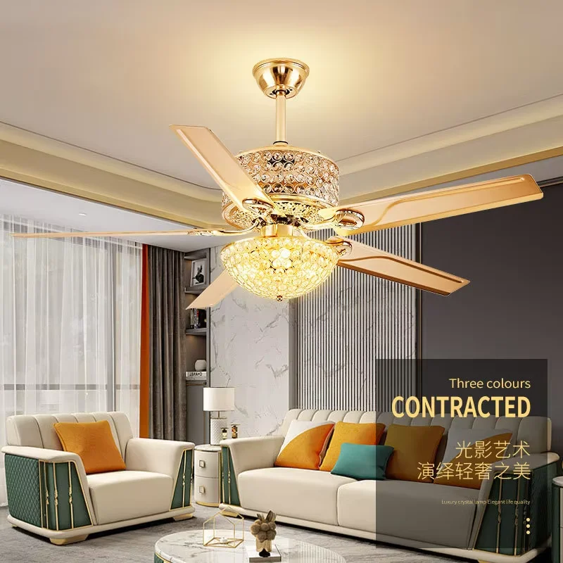 European and American luxury crystal LED ceiling fan light wrought iron metal living room bedroom remote control