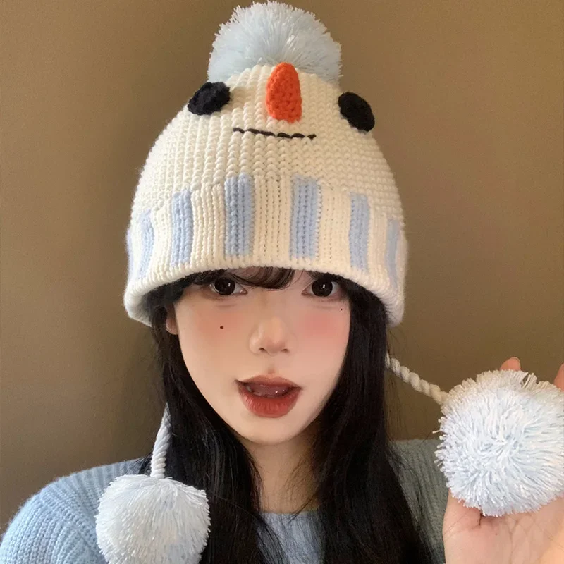 Funny Cute Little Snowman Design Knitted Beanies Cap Y2K Winter Travel Warm Versatile Show Face Small Sweet Pullover Women's Hat