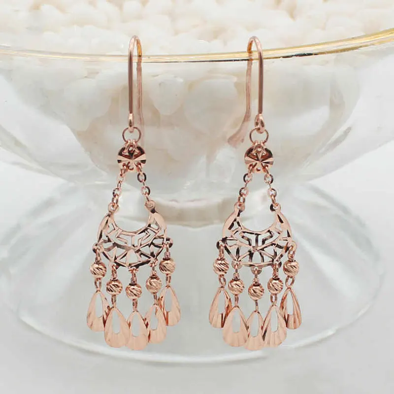 585 Purple Gold Plated 14K Rose Gold Openwork Vintage Luxury Earrings for Women Fashion Wedding Engagement High Jewelry