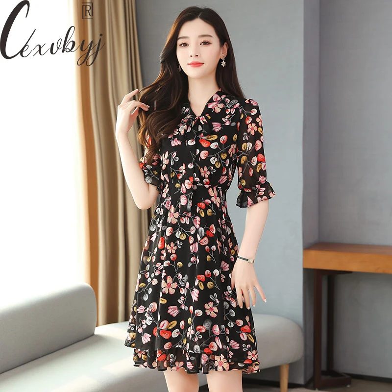 

Women Elegant Chiffon Floral Dress 2023 Fashion Scarf Collar Party Mini Dress Chic Summer Beach Print Runway Vestidos De Fiesta