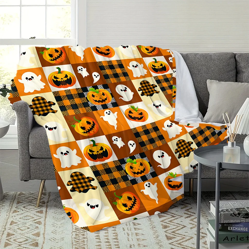 1pc Brown And Yellow Plaid Patchwork Pumpkin Ghost Retro Halloween Flannel Blanket (Single-Sided Print). Soft And Skin-Friendly Flannel Fabric, Lightweight And Warm, Suitable As a Sofa Cover Blanket, Office Nap Blanket, Car Blanket