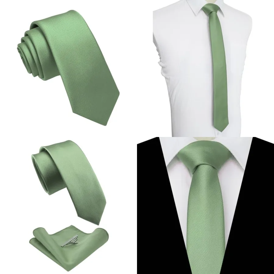 Conjunto de Corbata Delgada de Color Sólido de 2.4" y Pañuelo de Bolsillo con Pasador para Hombre (6cm), Verde Salvia2