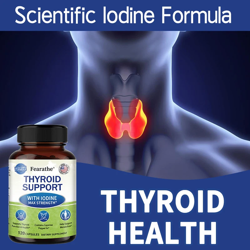 دعم Fearathe Thyroid مع اليود والمغنيسيوم للمساعدة في عملية التمثيل الغذائي وتعزيز وظيفة الغدة الدرقية والصحة وغير المعدلة وراثيًا