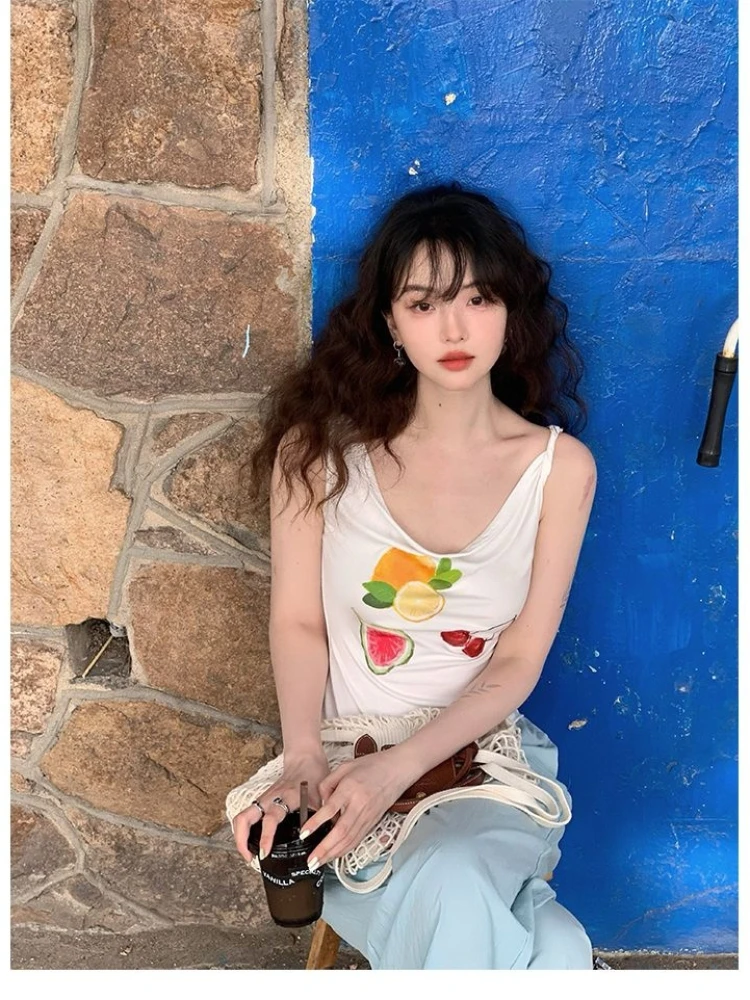 

Summer dopamine colored fruit print swing collar women's tank tops American sweet and cute style spicy girl top
