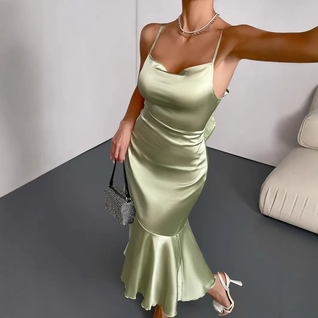 

2025 Ruffled Satin Dress for Women's New Light Luxury Niche New French Fishtail Dress Woman 2025 Summer Dress Robe Vestido Women