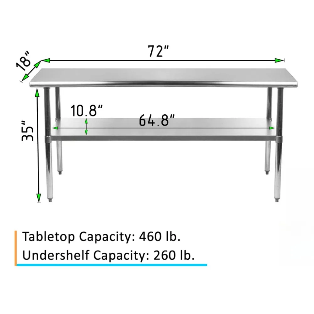 언더쉘프가 있는 스테인레스 스틸 작업 테이블 음식 준비 유틸리티 작업 스테이션 72" 길이 X 18" 너비 430 스테인레스 스틸 테이블 상판