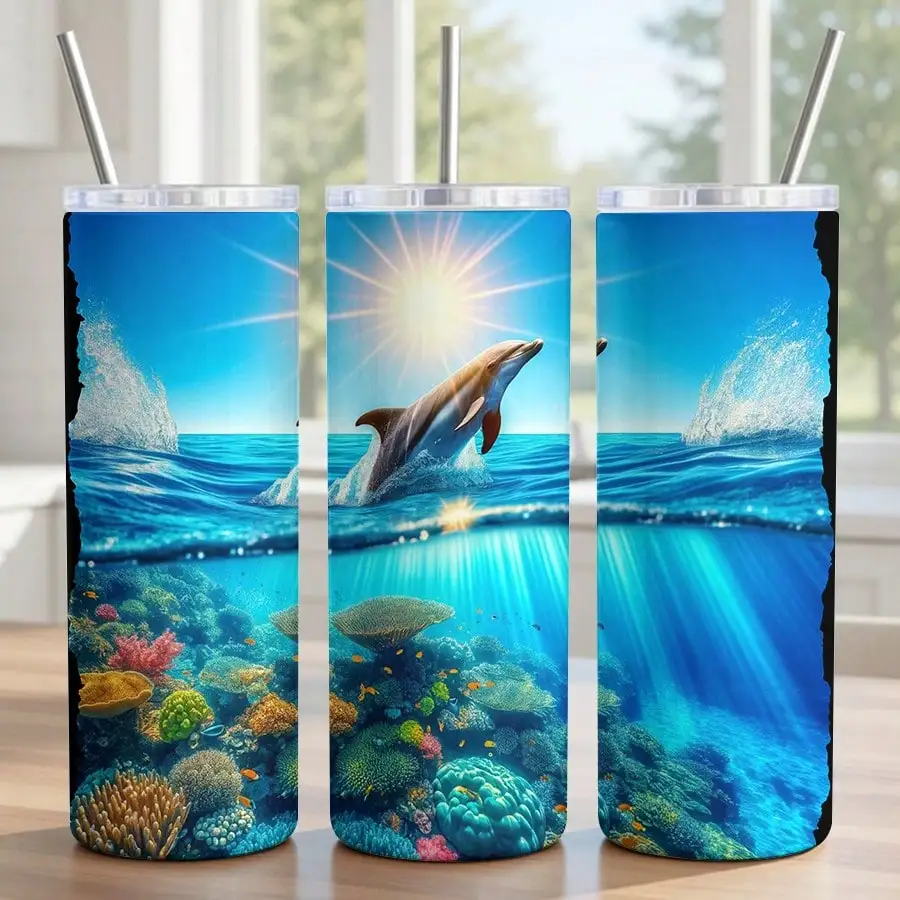 

1 Pc 20oz Tumbler Cup Dolphin Leaping With Ocean Waves And Sun Above Colorful Coral Reef And Tropical Fish Underwater Design Perfect For Ocean Lovers Ideal Gift For Birthdays Anniversaries Or Summer Celebrations